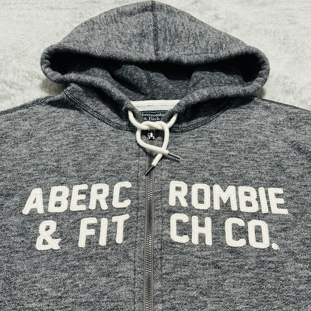 ABERCROMBIE & FITCH Hoodie Mens L Gray Full Zip Spellout Logo Fleece Sweatshirt
